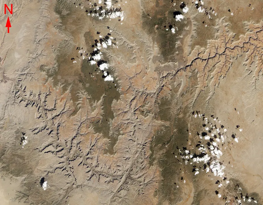 Satellite image of desert-like land with a large crack in it.