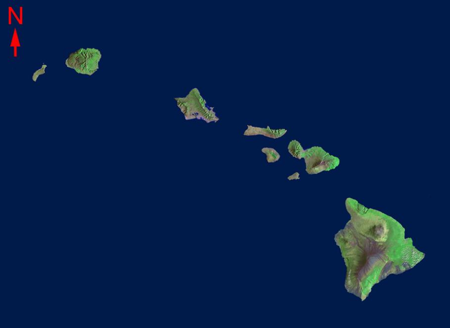 Satellite image of a chain of 8 islands in the Pacific Ocean.
