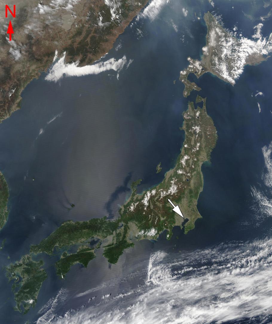 Satellite view of Japan, a long set of islands in the Pacific Ocean