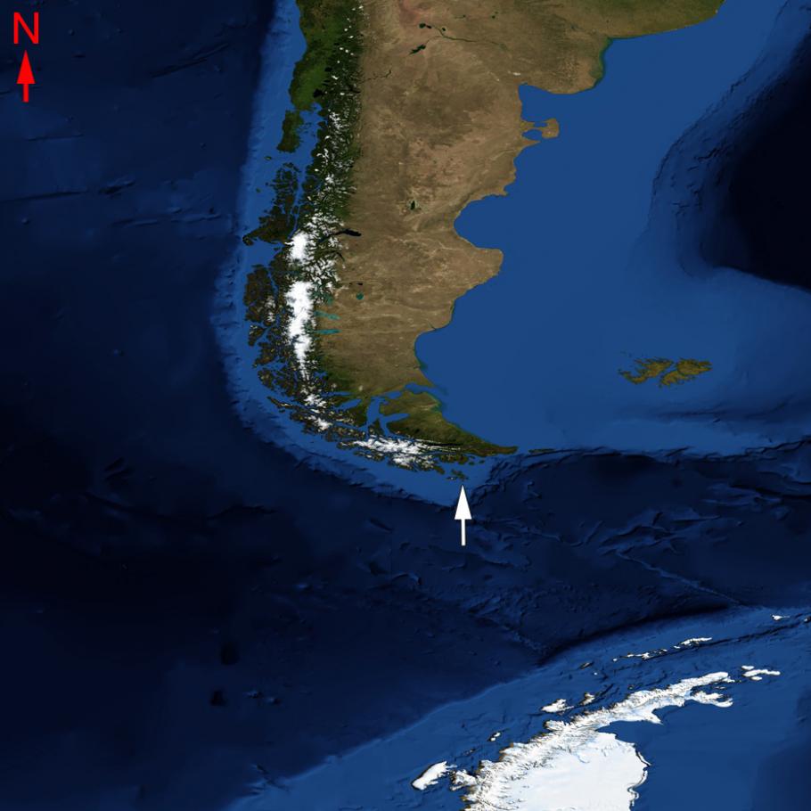 Satellite image of the southern point of South America jutting into the ocean.