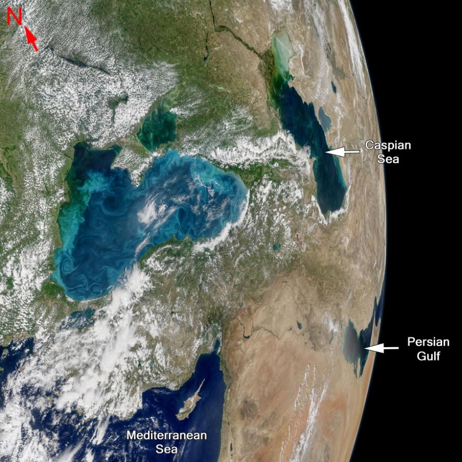 The Black Sea, the central body of water in this image, is next to the Mediterranean Sea, the Caspian Sea, and the Persian Gulf