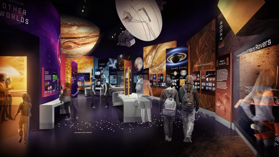 Rendering of a portion inside the new Exploring the Planets Gallery at the National Air and Space Museum. People are inside the exhibit.