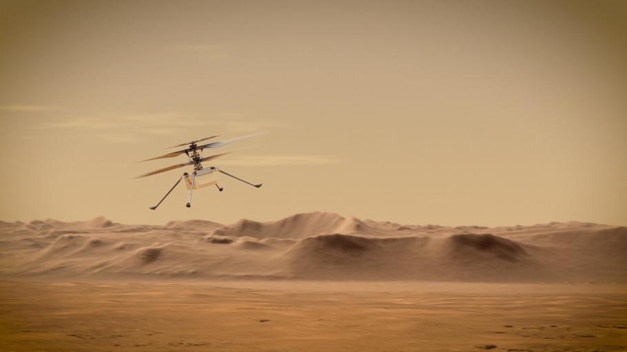 Concept art of Ingenuity helicopter flying above the surface of Mars