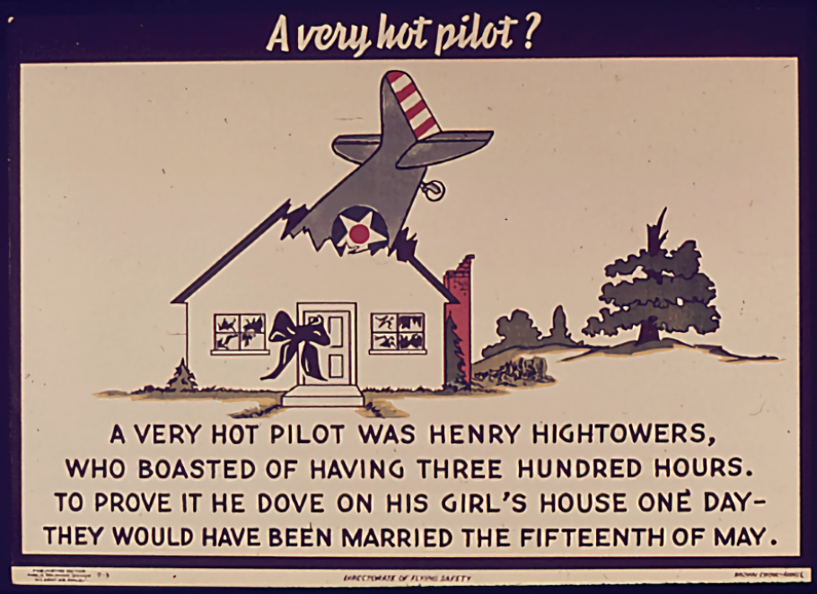 A World War II poster that reads a limerick and displays an air plane crashed into a house