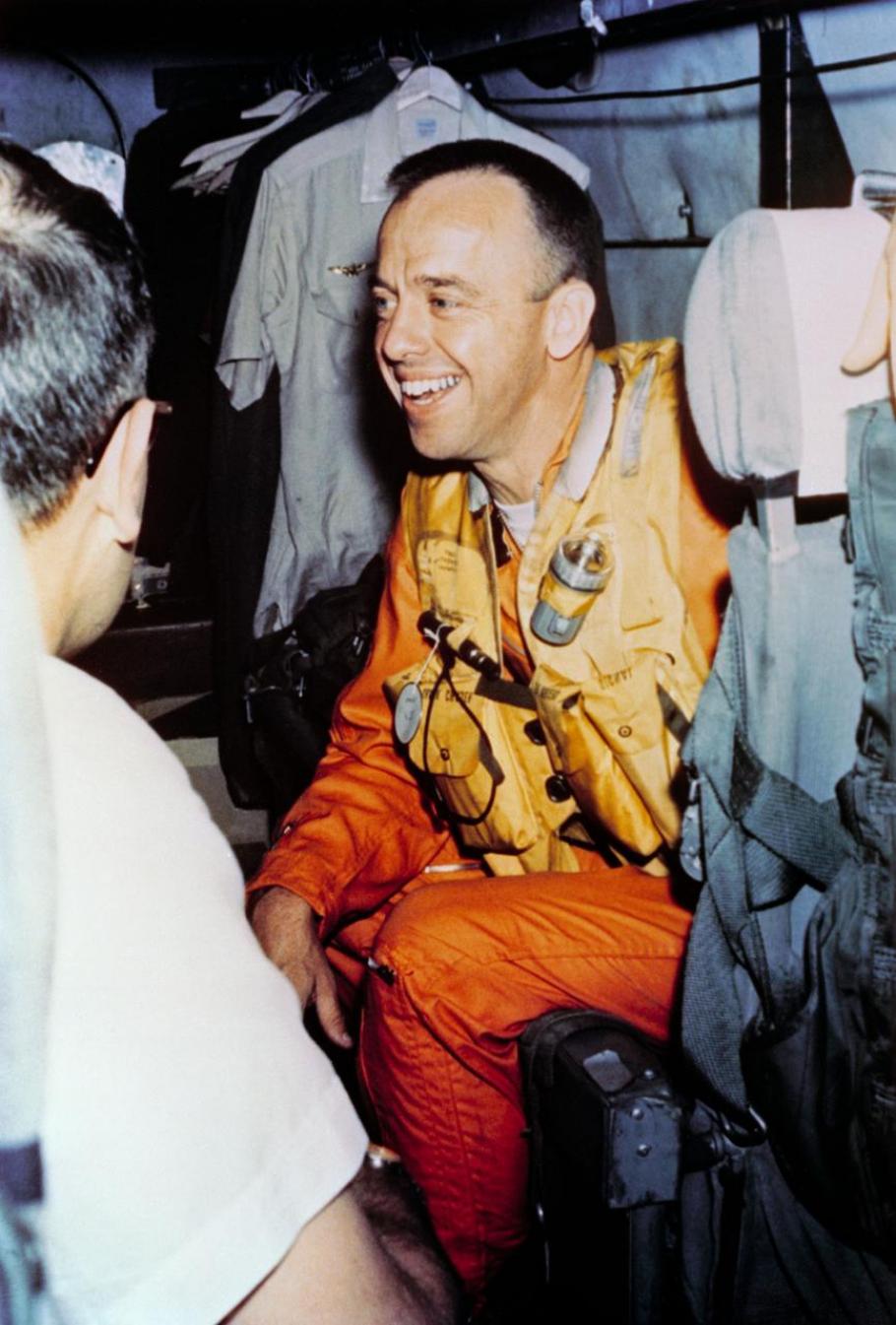 Alan Shepard onboard a helicopter as he is transported from the aircraft carrier following Freedom 7 splashdown