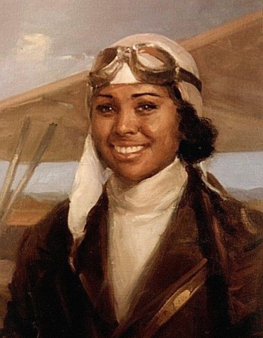 A portrait painting of Bessie Coleman standing in front of an airplane
