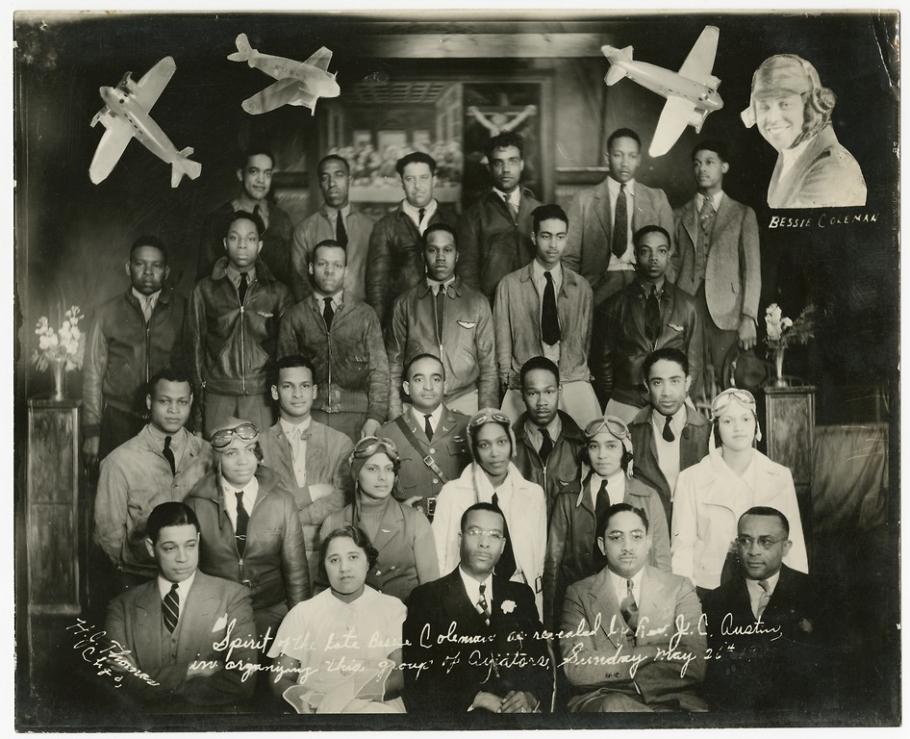 A black and white photo of men and women Black members of the Chicago Challenger Air Pilots' Club. Super imposed over the image are pictures of planes.