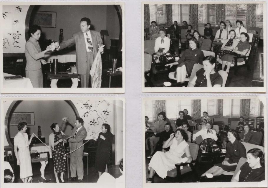 Four black and white photographs in a sleeve. Upper left: woman in party dress holds scarf standing next to man in a suit. Upper right: group of women sit in chairs. Lower right: Group of women sit in chairs. Lower left: woman in white dress on left holds string with woman in dark dress on right. In the middle is a woman in a dark dress with light polka dots holding a fan while a man in a suit holds his hands over her head
