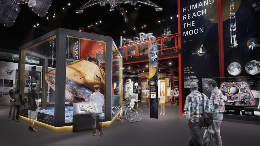 Artist rendering of a exhibit about moon travel featuring a Lunar Rover.