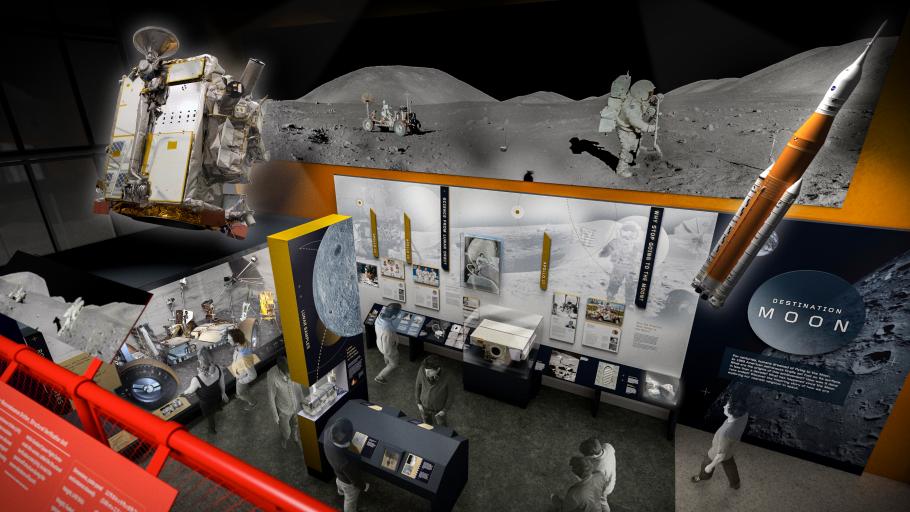 An overhead view of a gallery showing a lunar rover. 
