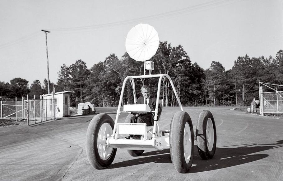 Wernher von Braun testing a “lunar jeep” concept vehicle in 1965.