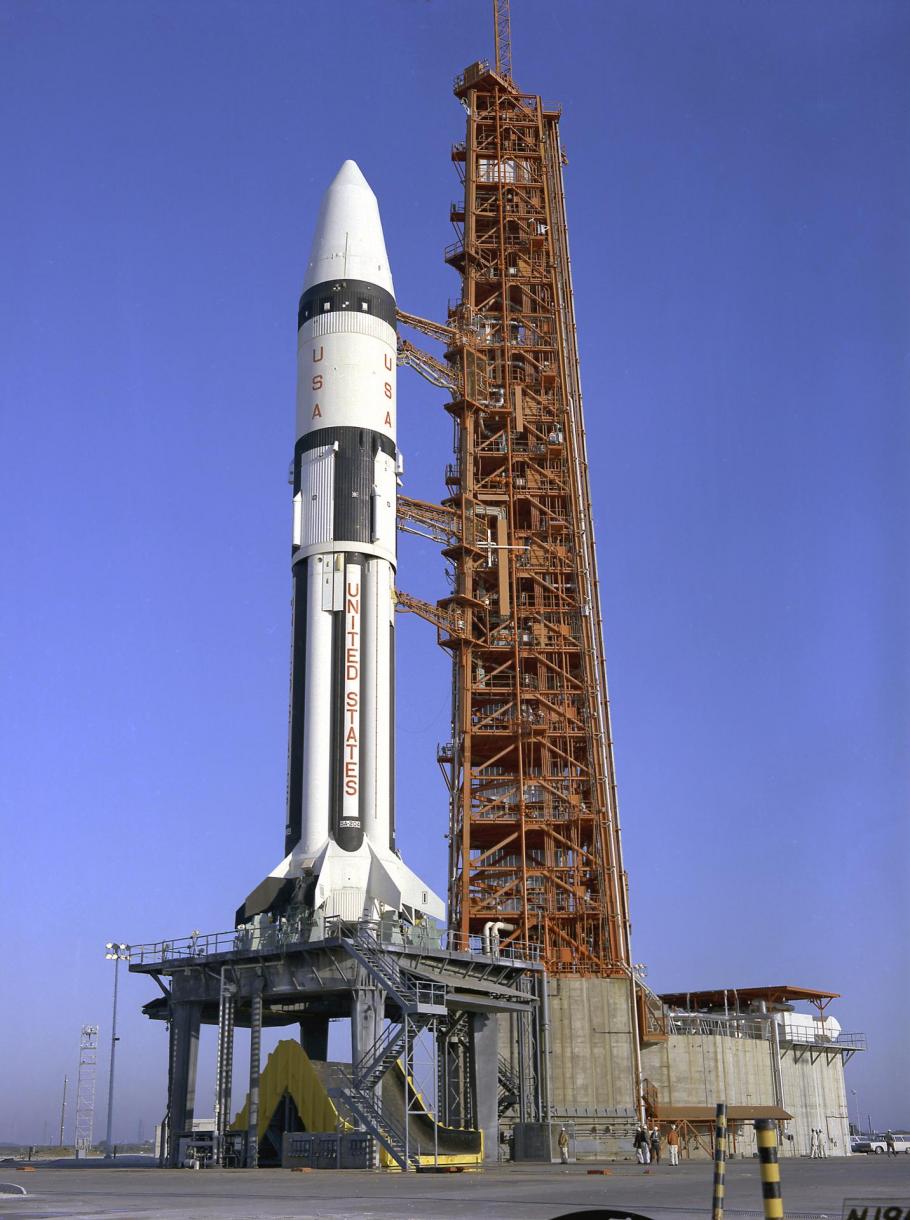 AS-204, the A color photograph of the fourth Saturn IB launch vehicle awaiting liftoff for the uncrewed Apollo 5 mission.