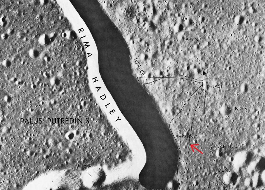 A illustration of a map showing Apollo 15 landing site with rover traverses.