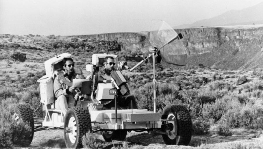 Dave Scott (right) and Jim Irwin (left) driving the Geologic Rover (aka Grover) along the rim of the Rio Grande Gorge at Taos, New Mexico. 