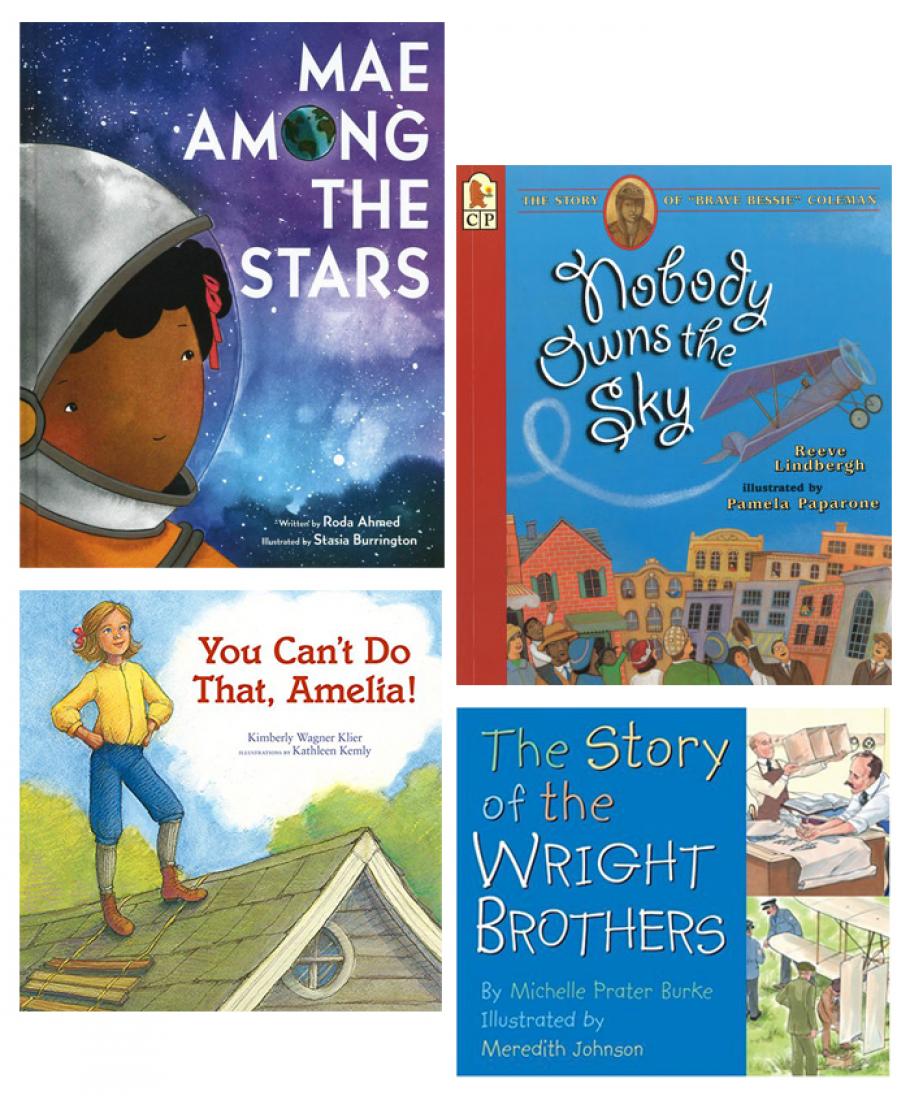 Images of four children's books focusing on the stories of aerospace history makers, including the Wright Brothers, Mae Jemison, Amelia Earhart, and Bessie Coleman.