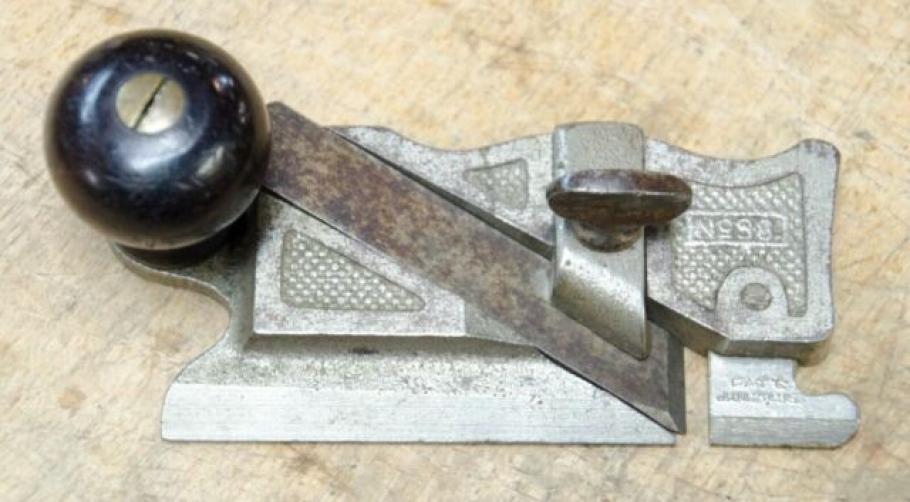 A close-up of a Stanley Model 98 Side Rabbet Plane tool, circa 1910.