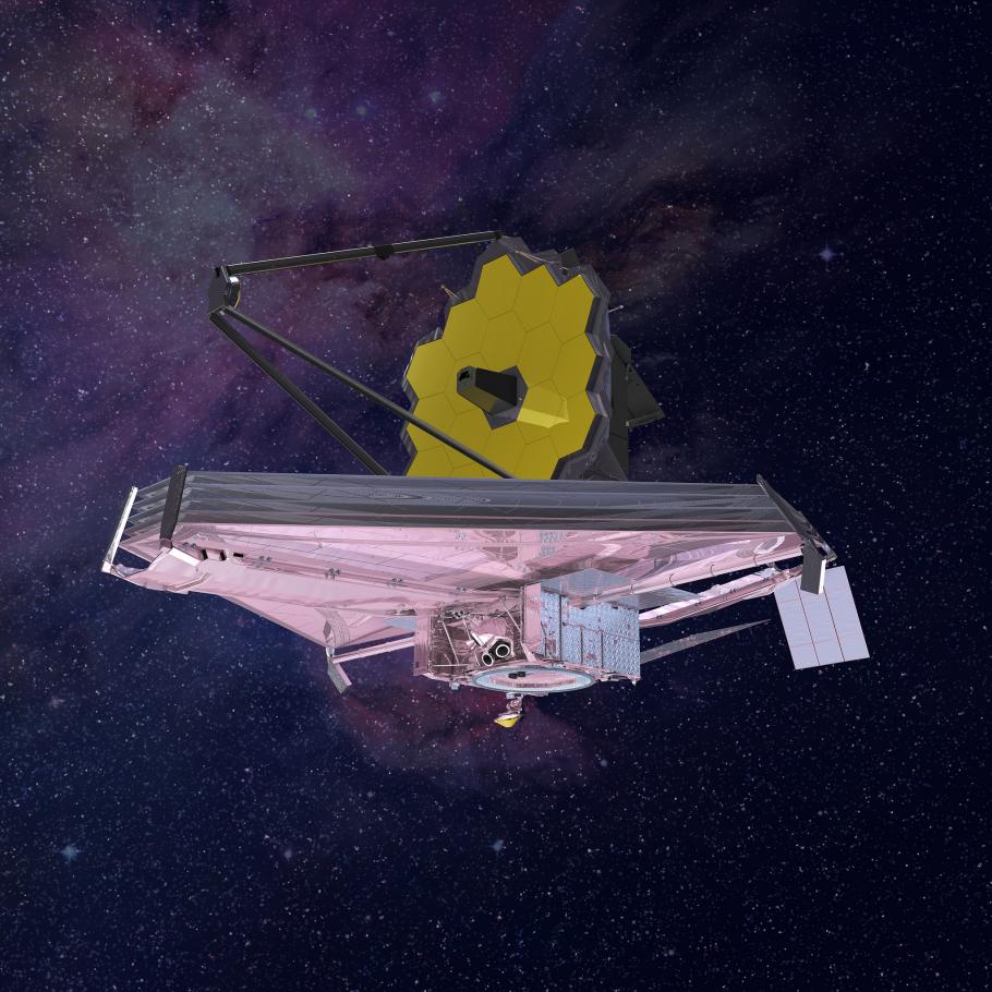 Concept art of the James Webb Space Telescope against the backdrop of space.
