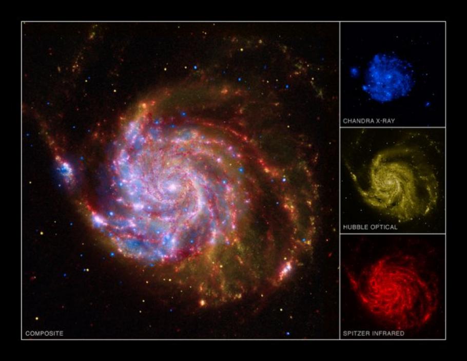 Spiral galaxy M101 shown as a composite of data from three of NASA’s Great Observatories.