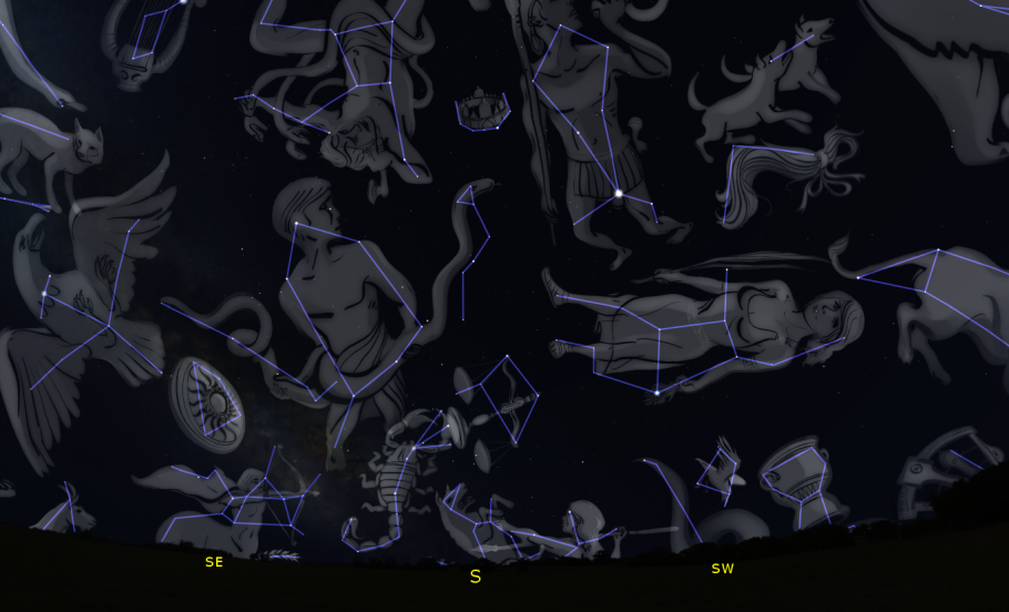 A map showing constellations in the night sky. 