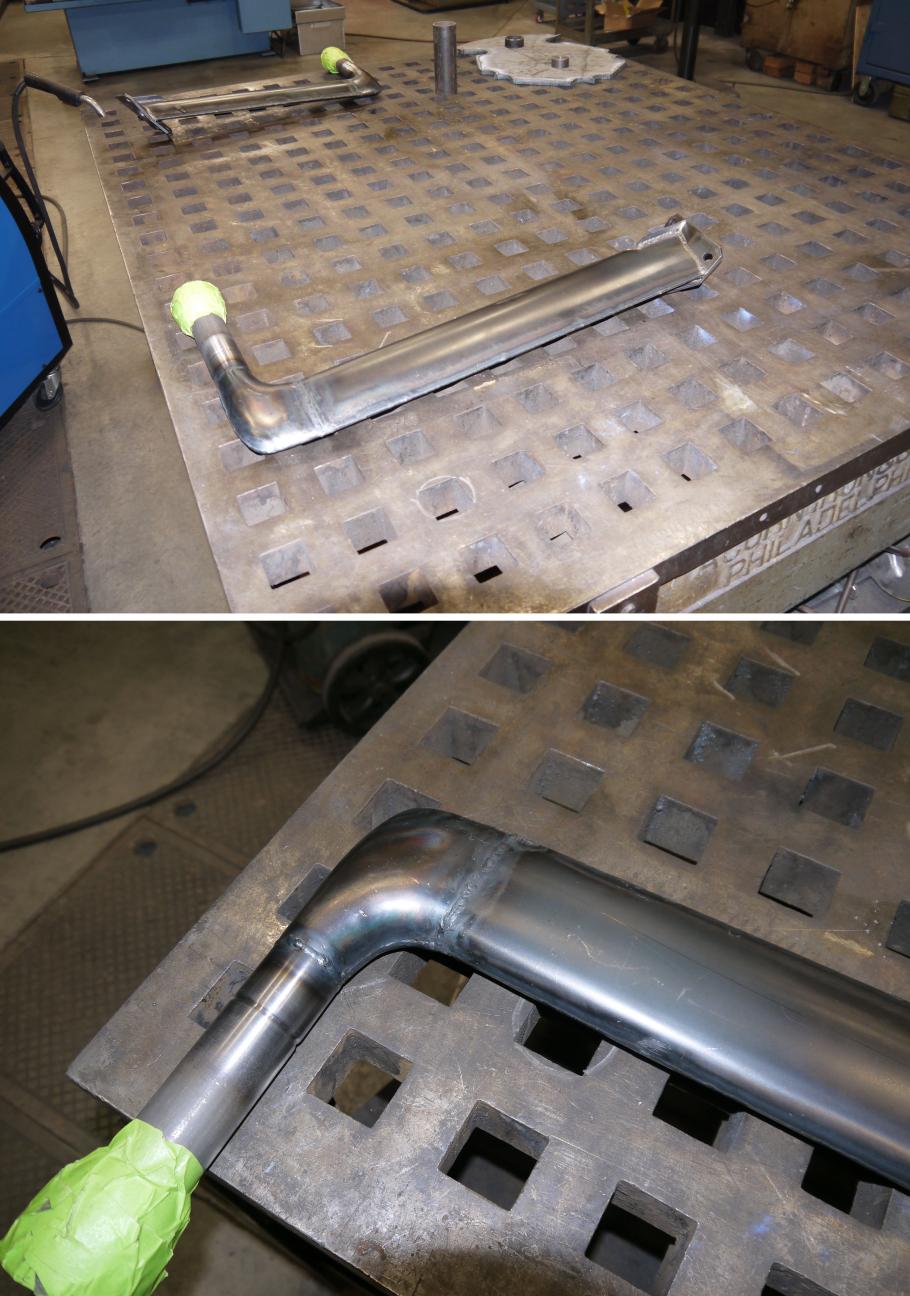 [Top] One radar mast fully welded. [Bottom] Detail view of the elbow welded in place.