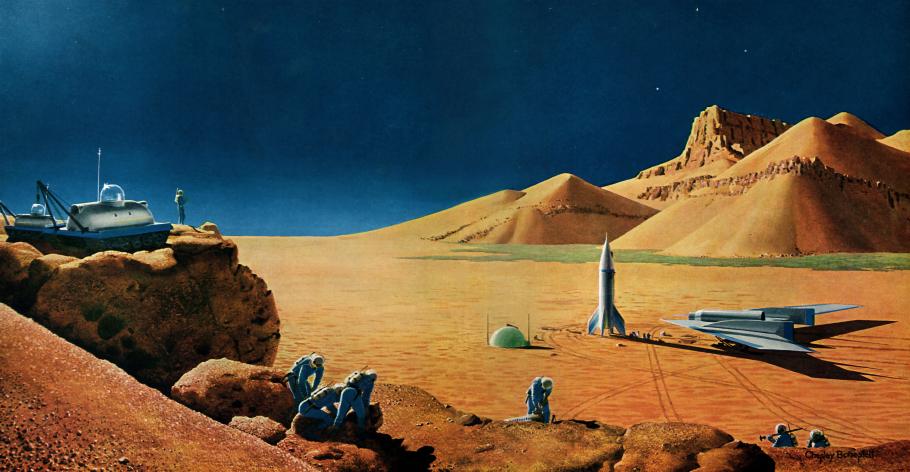 Painting depicting the surface of Mars with a rocket, a spacecraft, and astronauts visible.