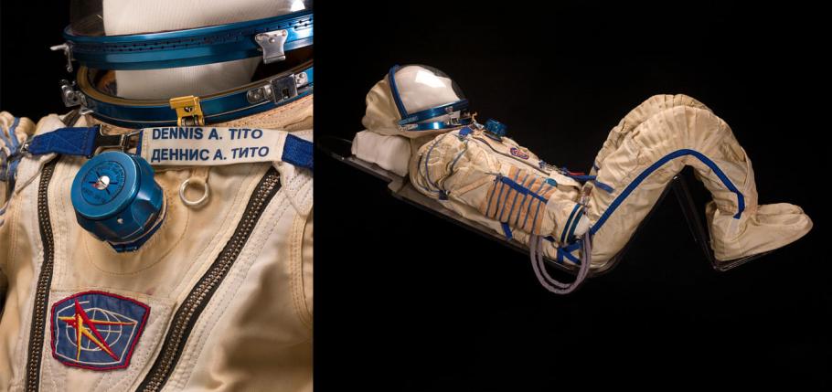 Side by side images of suit Dennis Tito wore when he launched to the International Space Station. On the left is a close-up of the suit when his name tag visible and the right, a full-figured suit from a sidle angle.