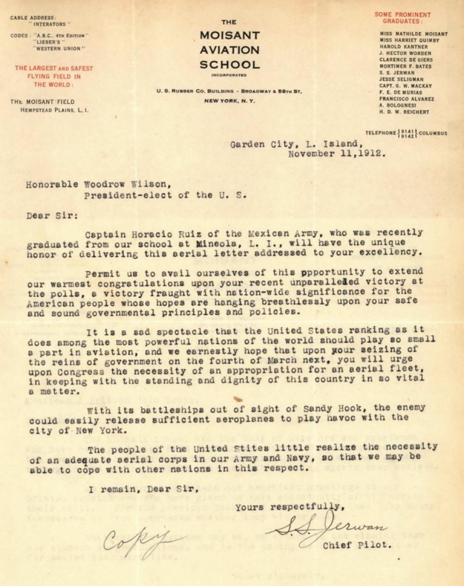 Typewritten letter on letterhead.  Text in black and red in columns on both the right and left side.  Centered text "The Moisant Aviation School"  Signed at both with handwritten note "copy"