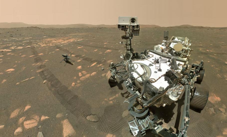 A ‘selfie’ image taken by the Perseverance rover with the Ingenuity Mars Helicopter in the background.