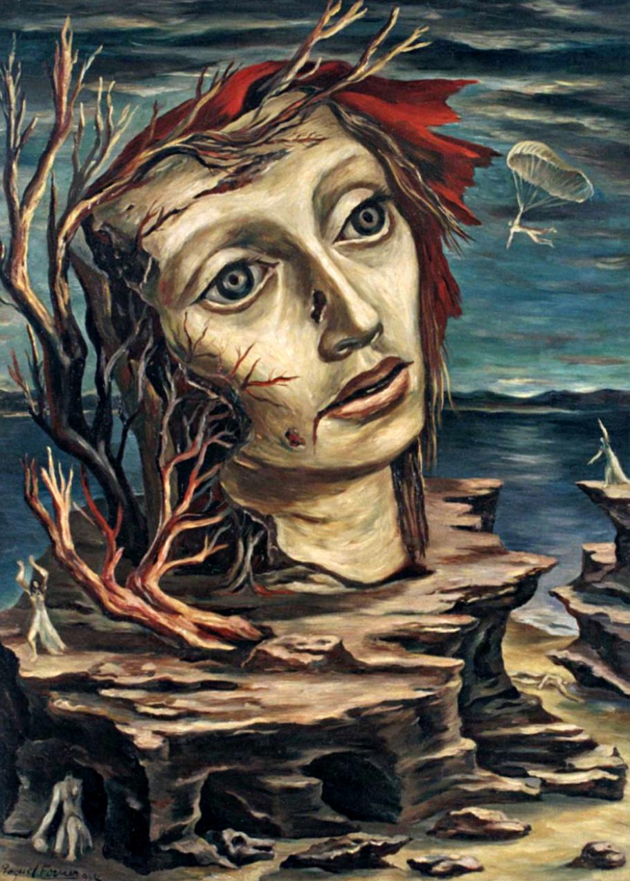 A painting depicting a woman's head on on a rock by an ocean
