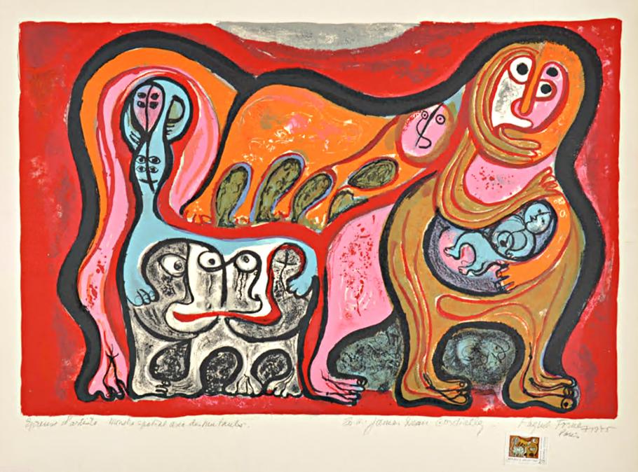 An abstract painting in mostly red depicting what appears various forms of human figures.