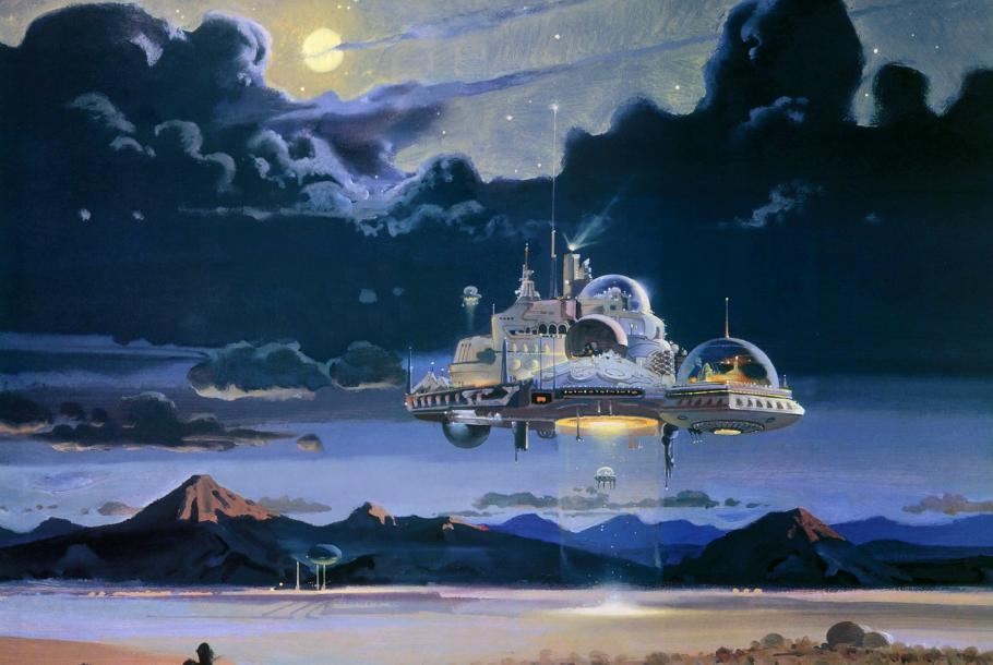 Painting depicting a floating city above a body of water and mountains.