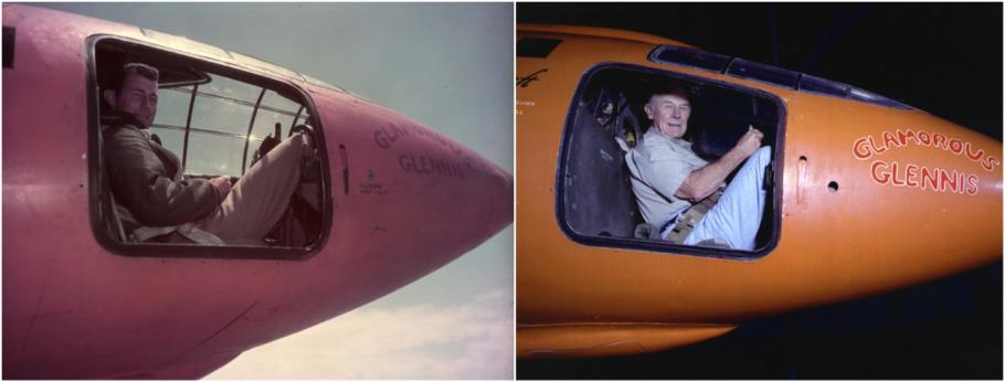 An side by side comparison of Chuck Yeager in the Bell X-1 in 1948 and in 1997.