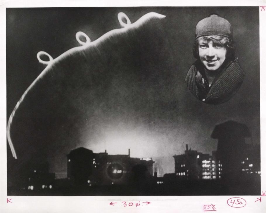 An image of an illuminated curly flight path on the left with a picture of Ruth Law on the right.