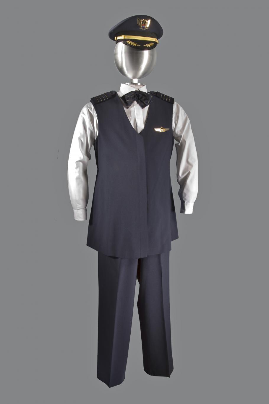 A photograph of a United Airlines' maternity uniform on a mannequin. 