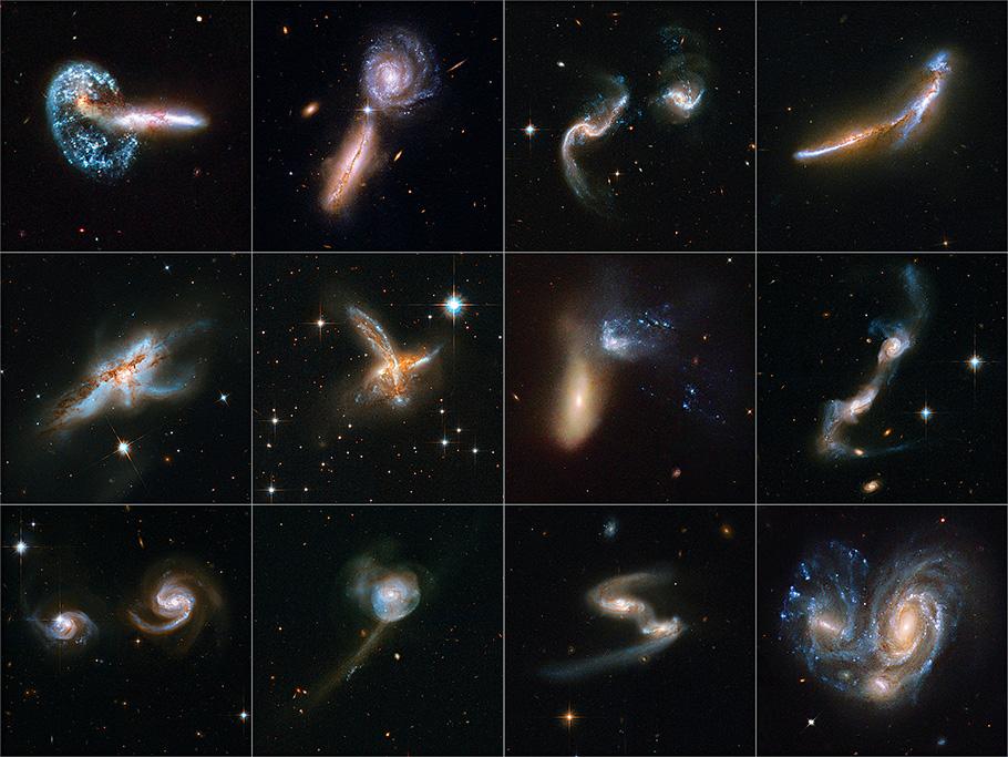 A composite image showing galaxies colliding, bright spots taking a variety of shapes against the darkness of space. 