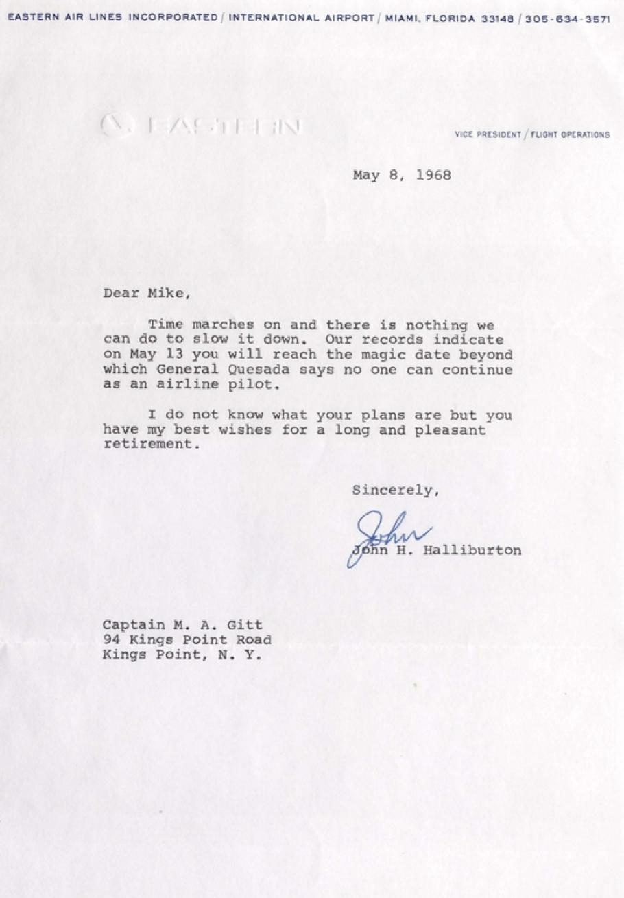 Typewritten letter on white paper. Letterhead across top in small blue all capital letters: Eastern Airlines Incorporated/International Airport/Address/Phone Number. Below is an embossed logo and the word Eastern. Next line: Vice President, Operations. Text then signature in blue: John.