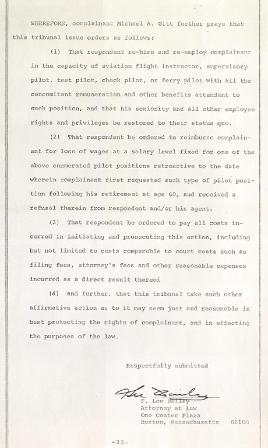 Photocopy of typewritten page of text. Signature at bottom: F. Lee Bailey.