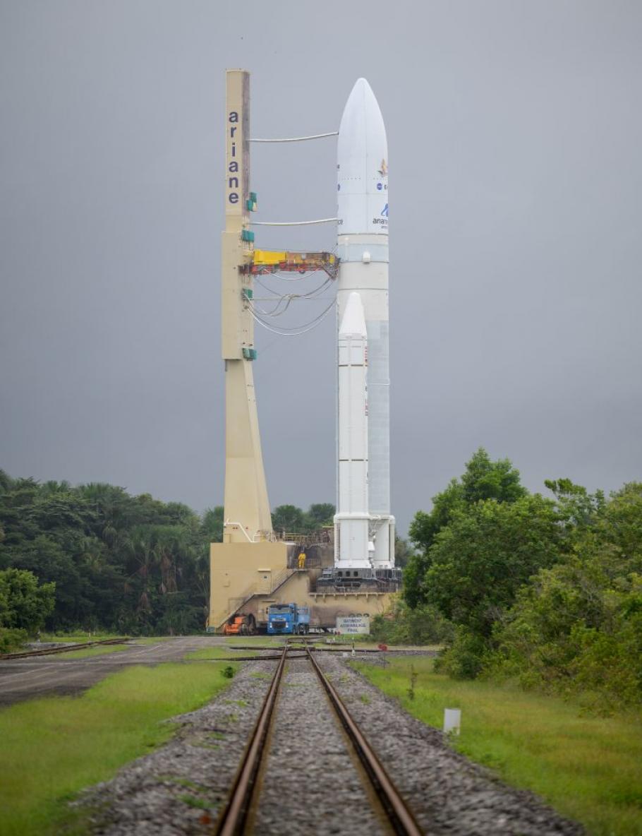 James Webb Space Telescope and its launch vehicle, Ariane 5 rocket, at the launch pad in French Guiana