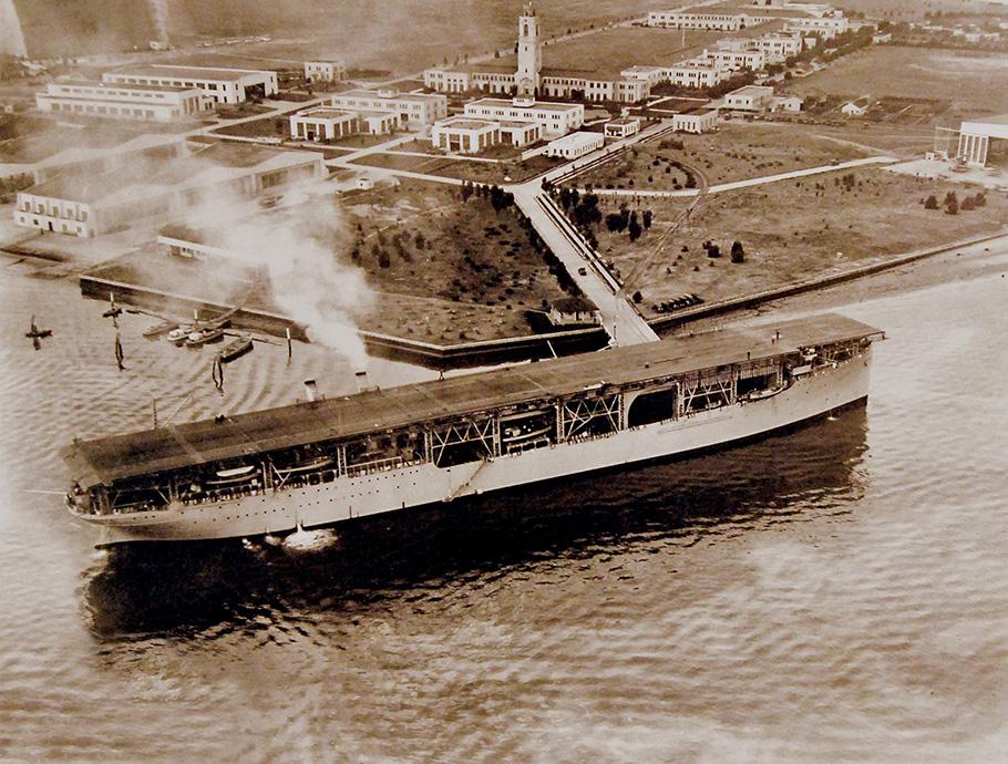 Aerial view of the USS Langley at port. 