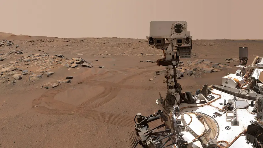 Close-up image of the Perseverance rover taken by the Perseverance rover on Mars.