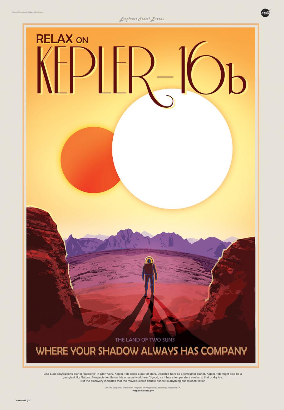 A travel poster that reads "Relax on Kepler-16b, the land of two suns, where your shadow always has company." The image shows a humanoid figure on a rocky surface under two bright orbs.