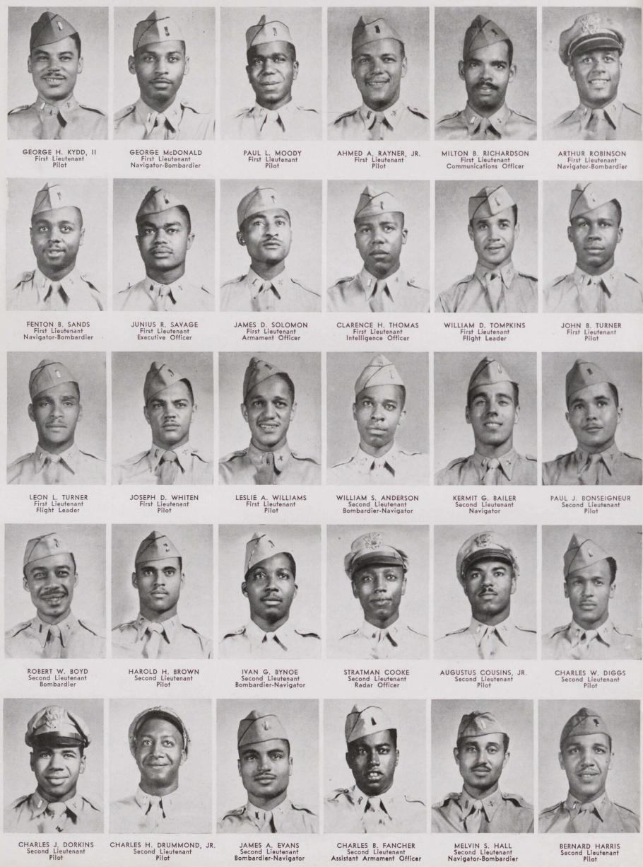 Yearbook page with 30 thumbnail size portraits (6 across, 5 down) of Black men in uniform
