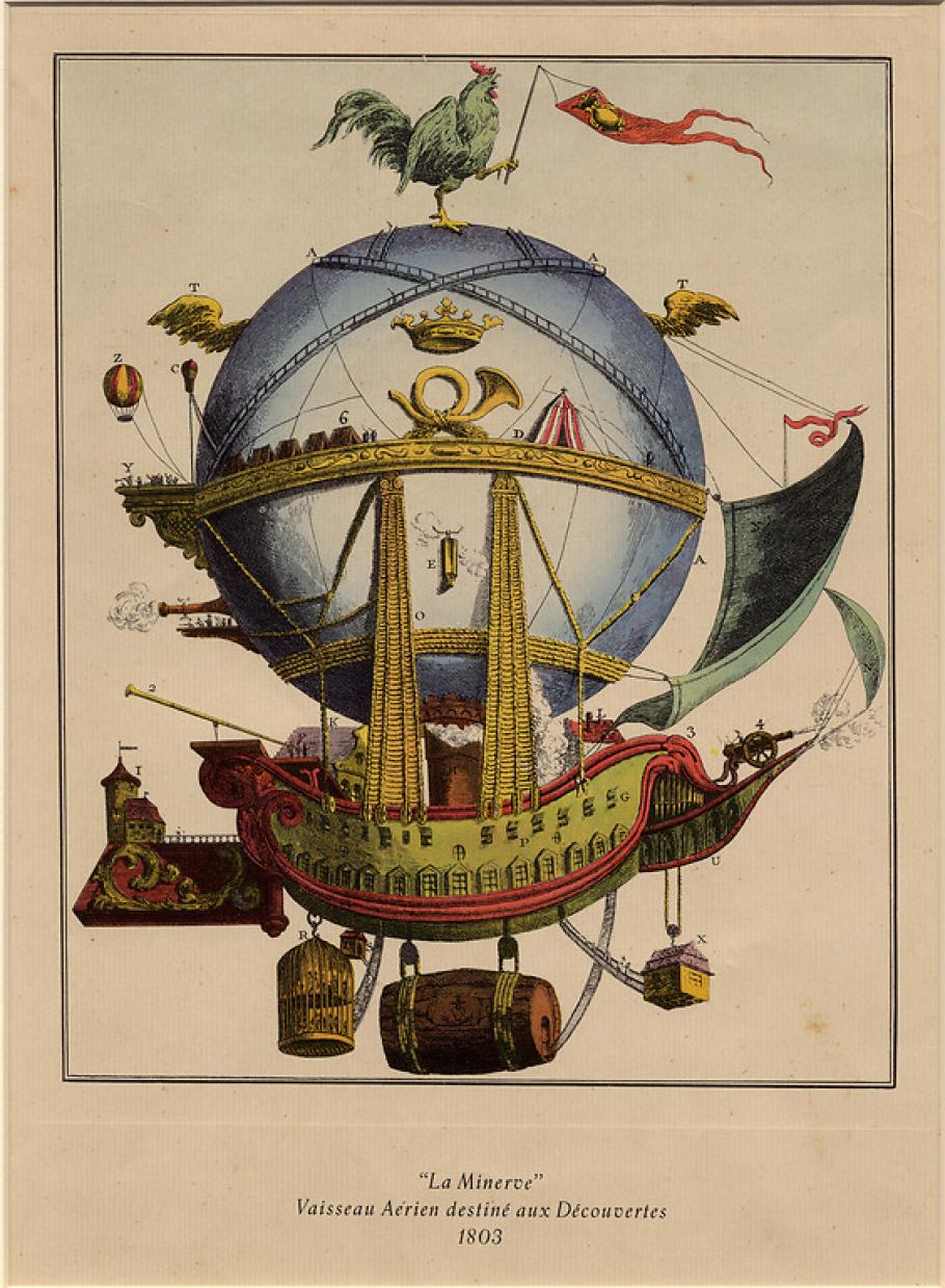 A color illustration of a ship attached balloon carrying thins such as a birdcage, kegs, a cannon, and a rooster perched on top of the balloon.