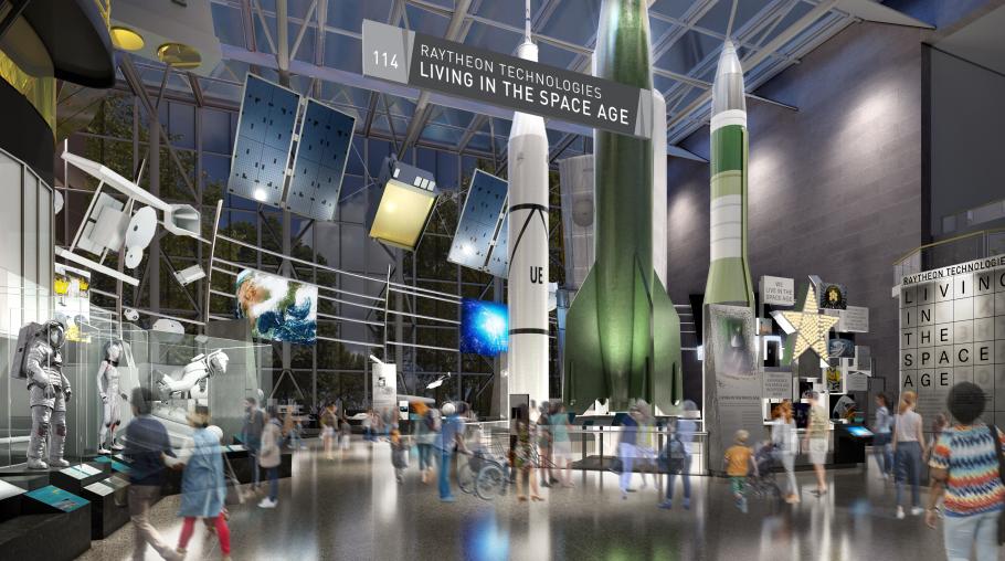 A rendered image of a museum's gallery that contains space related objects.