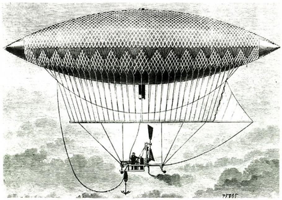 A black and white woodcut illustration of an airship in the sky.