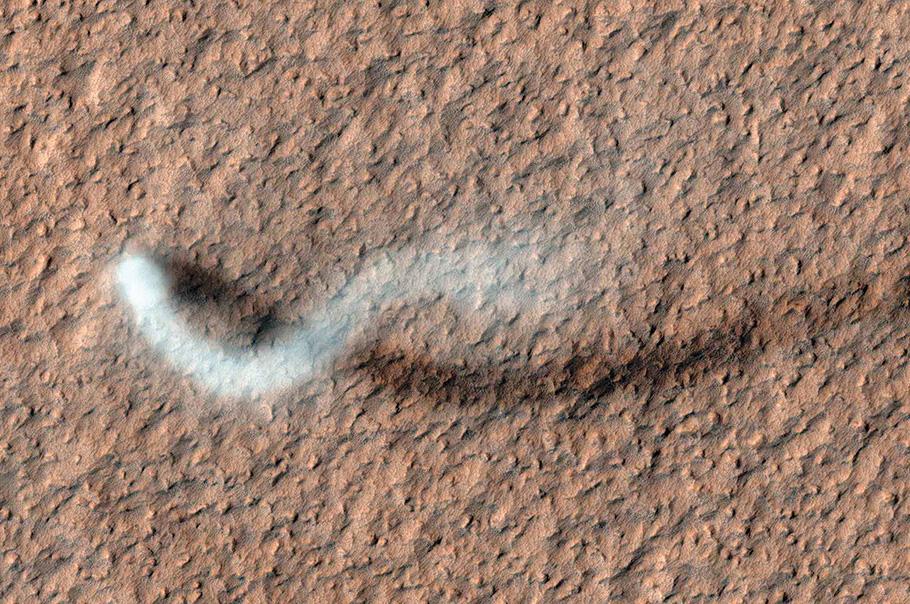 Aerial view of a spiral dust devil plume on Mars