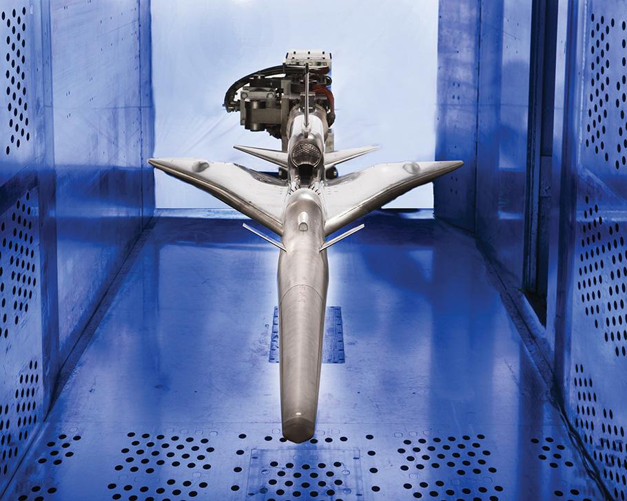 front view of model aircraft in a wind tunnel