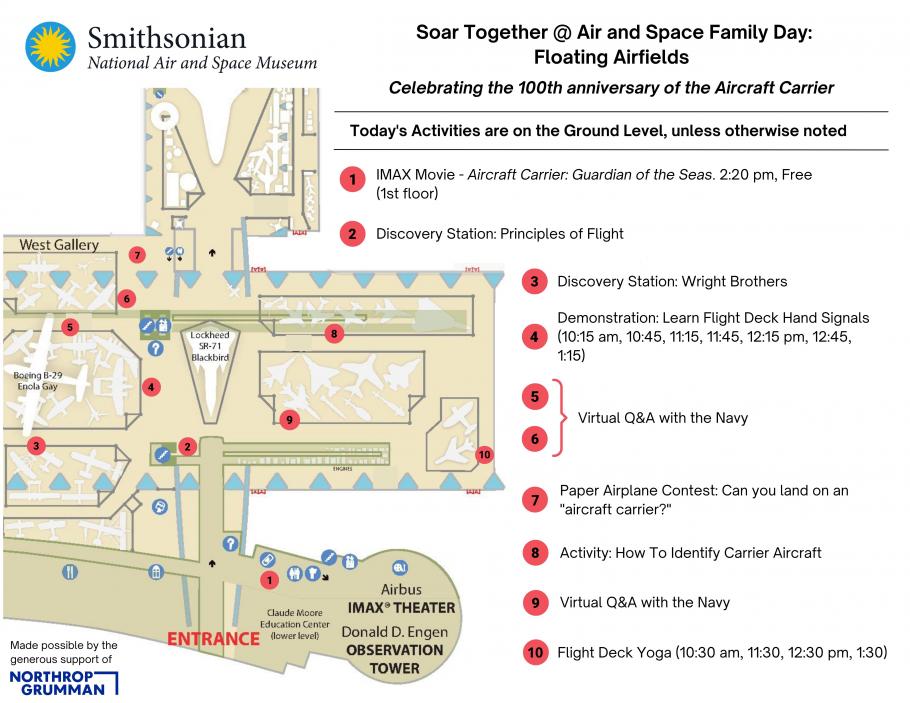 A map of activities for Soar Together @ Air and Space Family Day: Floating Airfields