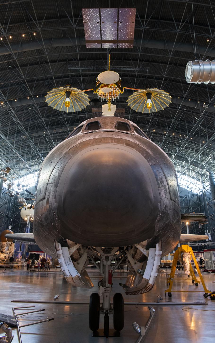 Space Shuttle Discovery is captured from the perpective of its nose.