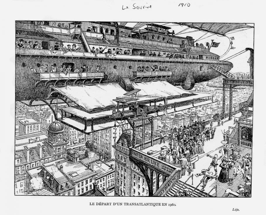 A large airship docks at a rooftop departure platform; passengers wave at a small crowd; rooftops of a large city are visible below and in background. 